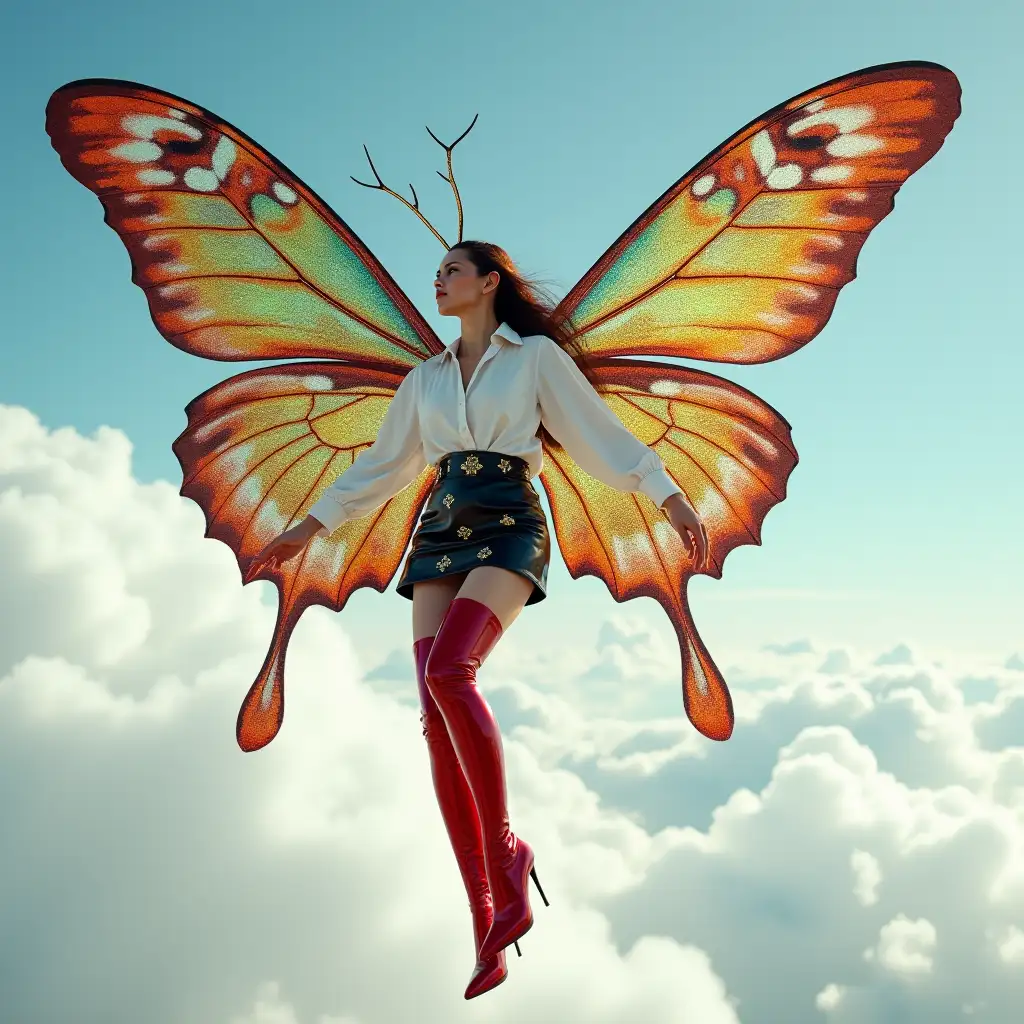 A photo of a modern fairy with long moth antennae. She is wearing a white blouse, a black patent leather miniskirt with golden patterns, and red patent latex stiletto thigh-high boots with pointed toes and golden patterns. She is flying in the sky between the clouds with gigantic, large, shiny, iridescent, sparkling, multicolored, peacock patterned butterfly wings. Stiletto high heels is view side.