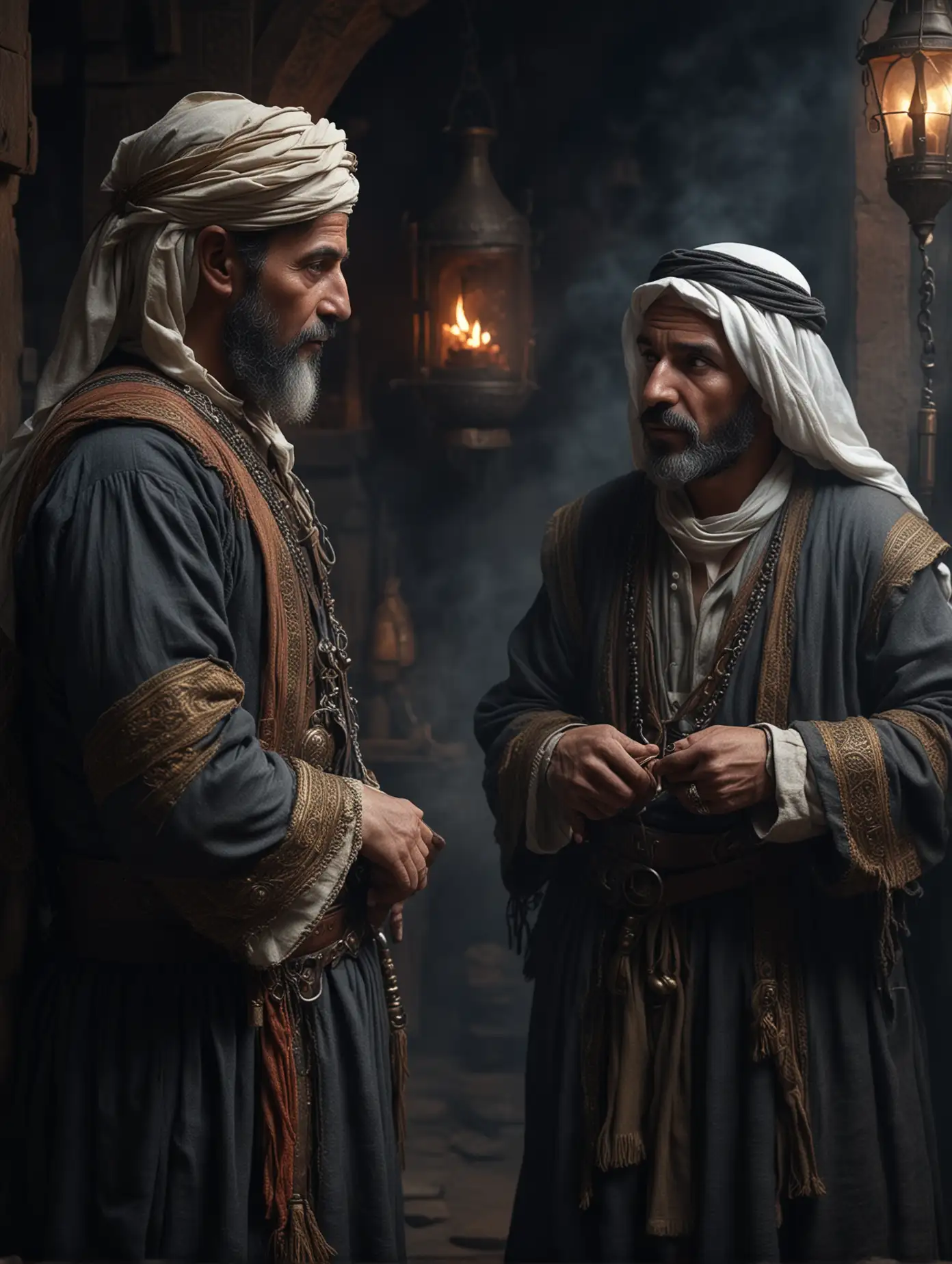 An epic 17th century scene featuring a beautiful from European origin dressed in Arab style in conversation with an old handsome male in a dark forge; dark misty atmosphere, close view, high-detailed, photo realistic picture