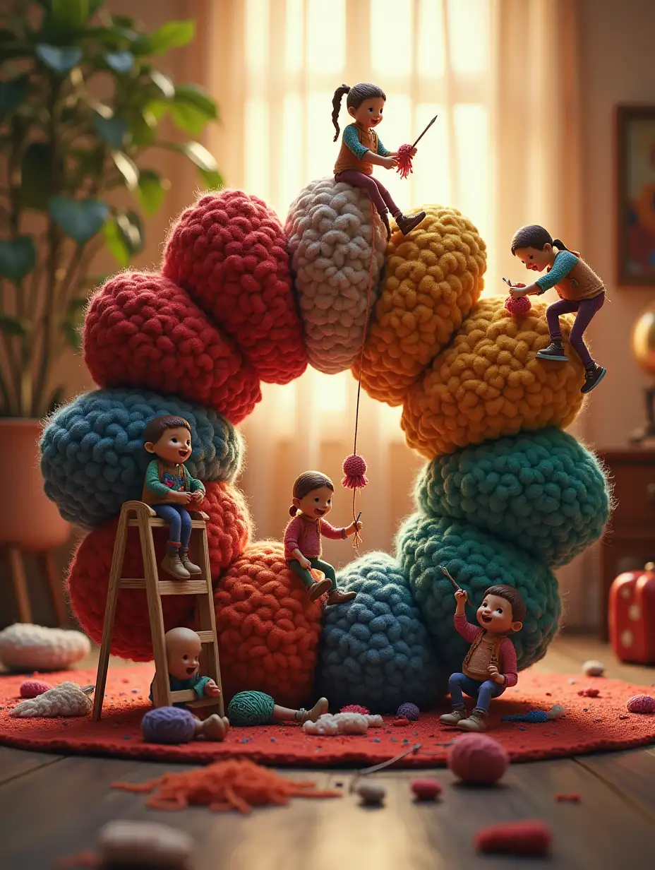 A large and eye-catching giant crochet scrunchie is located in the center of a cozy space. Small knitter figures, wearing special clothes, are working on it with care and excitement. Some are shaping and completing the details with small knitting tools, while others use ladders or ropes to reach the upper parts. One of them has fallen inside the giant scrunchie, while another one is adding details from above. The warm light and scattered materials around create a fantastic, detail-filled, and lively atmosphere.