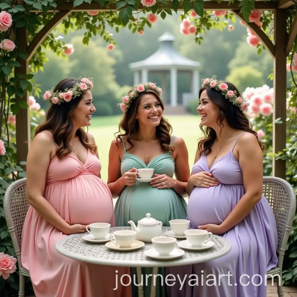 Pregnant-Women-Enjoying-Tea-in-a-Lush-Garden-with-Floral-Crowns