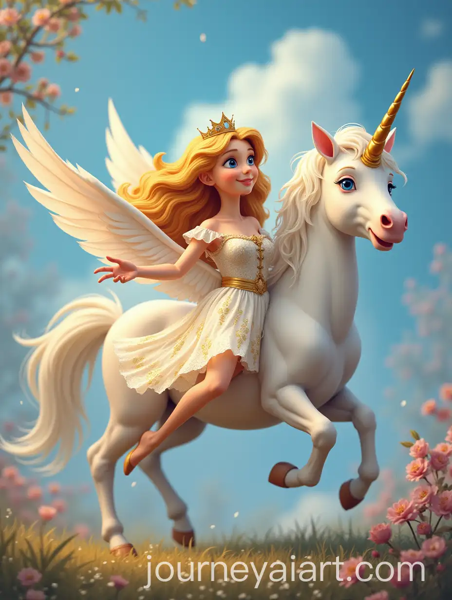 Blond-Princess-in-Flying-Dress-with-White-Unicorn-in-EnAI-Art-Prompt-Expansionchanted-Landscape