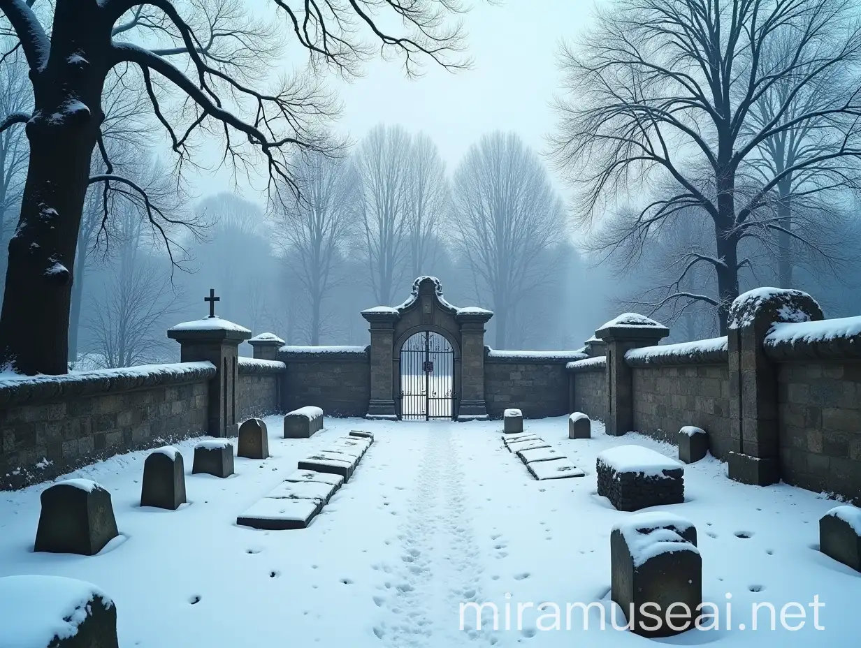 Desolate Winter Graveyard Scene in 18th Century Prussia or France