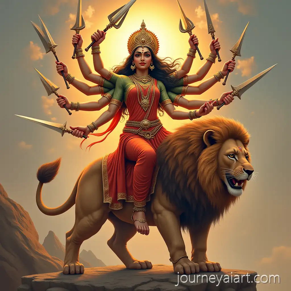 Goddess-Durga-Riding-a-Lion-with-Ten-Weapons-in-Her-Hands