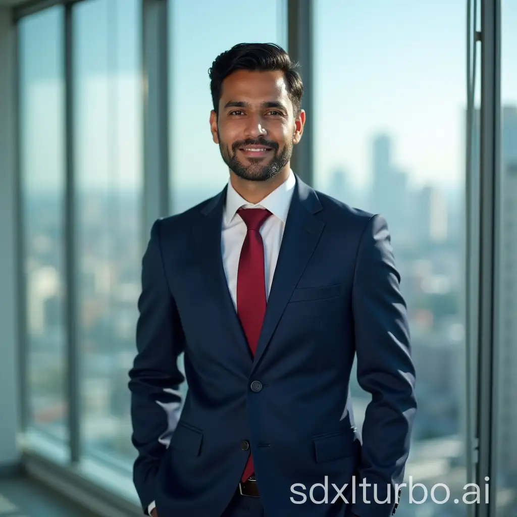 A portrait of an Indian young smart businessman, dressed in a sharp navy-blue suit with a red tie, black hair neatly combed, standing confidently in a modern glass office overlooking a bustling cityscape, bright natural light streaming through floor-to-ceiling windows, evoking a sense of ambition and success, Photography, captured using a Canon EOS R5 with a 50mm f/1.2 lens for sharp detail and blurred background