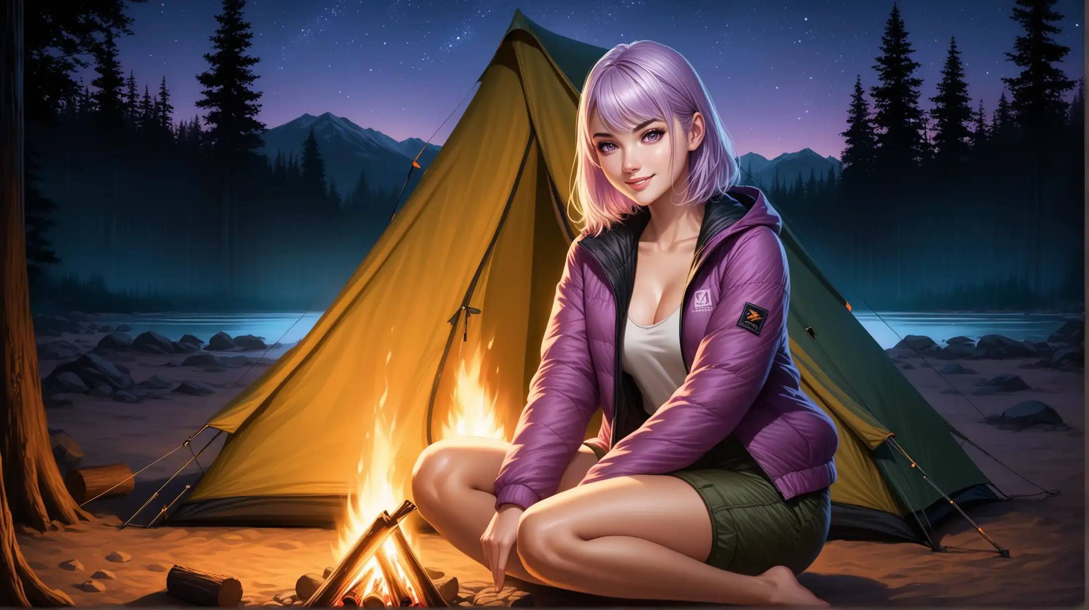 Seductive Woman Camping by Night with Campfire and Tent