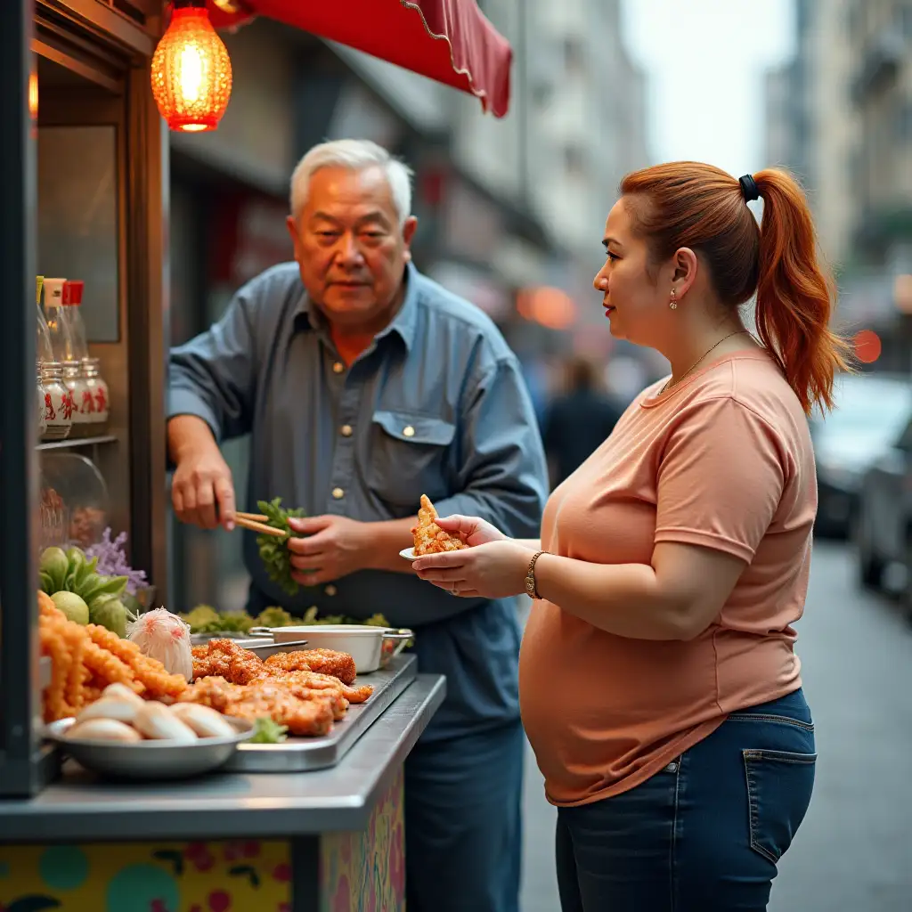 Mr. Zhang is a fifty-plus overweight middle-aged man, standing on a modified small truck selling Japanese cuisine. Next to him is a middle-aged woman with a plump figure, her orange-red hair tied in a ponytail. Market small citizen society written realistically