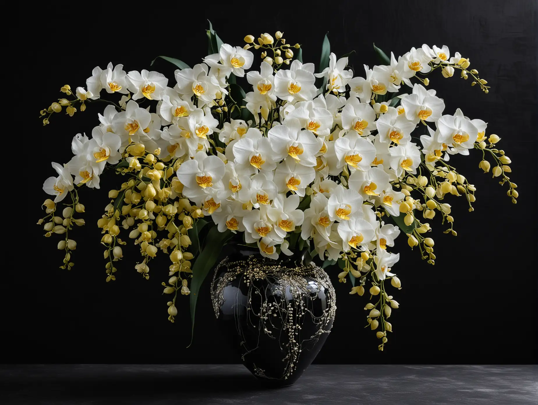 in an extraordinary vase, a magnificent artistic bouquet of pearls and a floral stem of white and yellow orchids on a black background