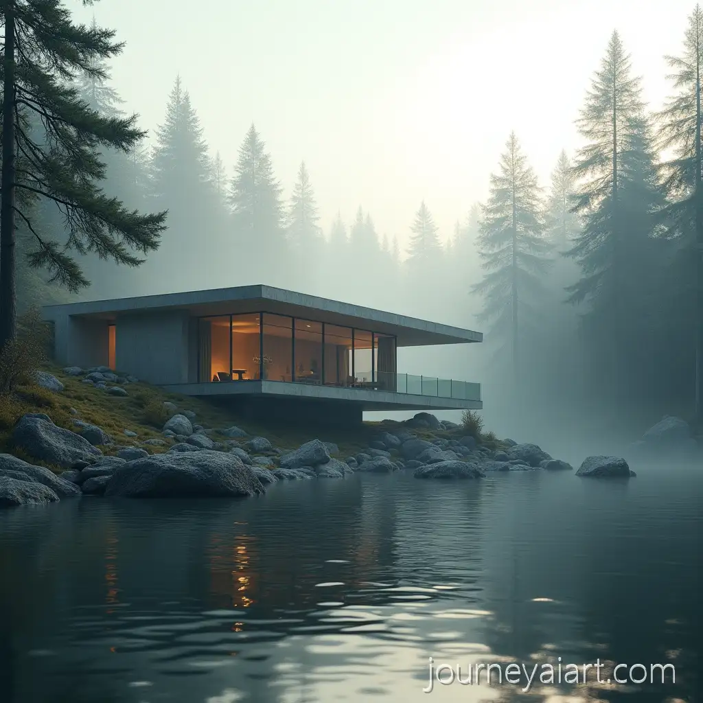 Modern-Glass-and-Concrete-House-in-Misty-Pine-Forest-with-SerModern-glass-house-retreatene-Lake-View