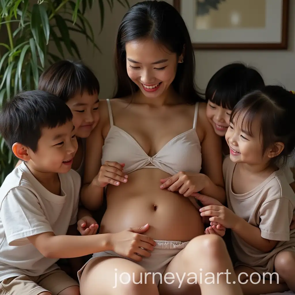 Asian-Woman-Laughing-as-Children-Scratch-Her-Belly-and-Soles