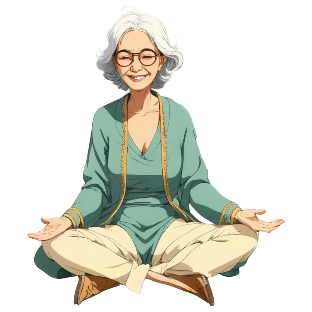 AnimeStyle-PNG-Image-of-an-Old-Woman-Meditating-as-a-Fakir-with-Glasses