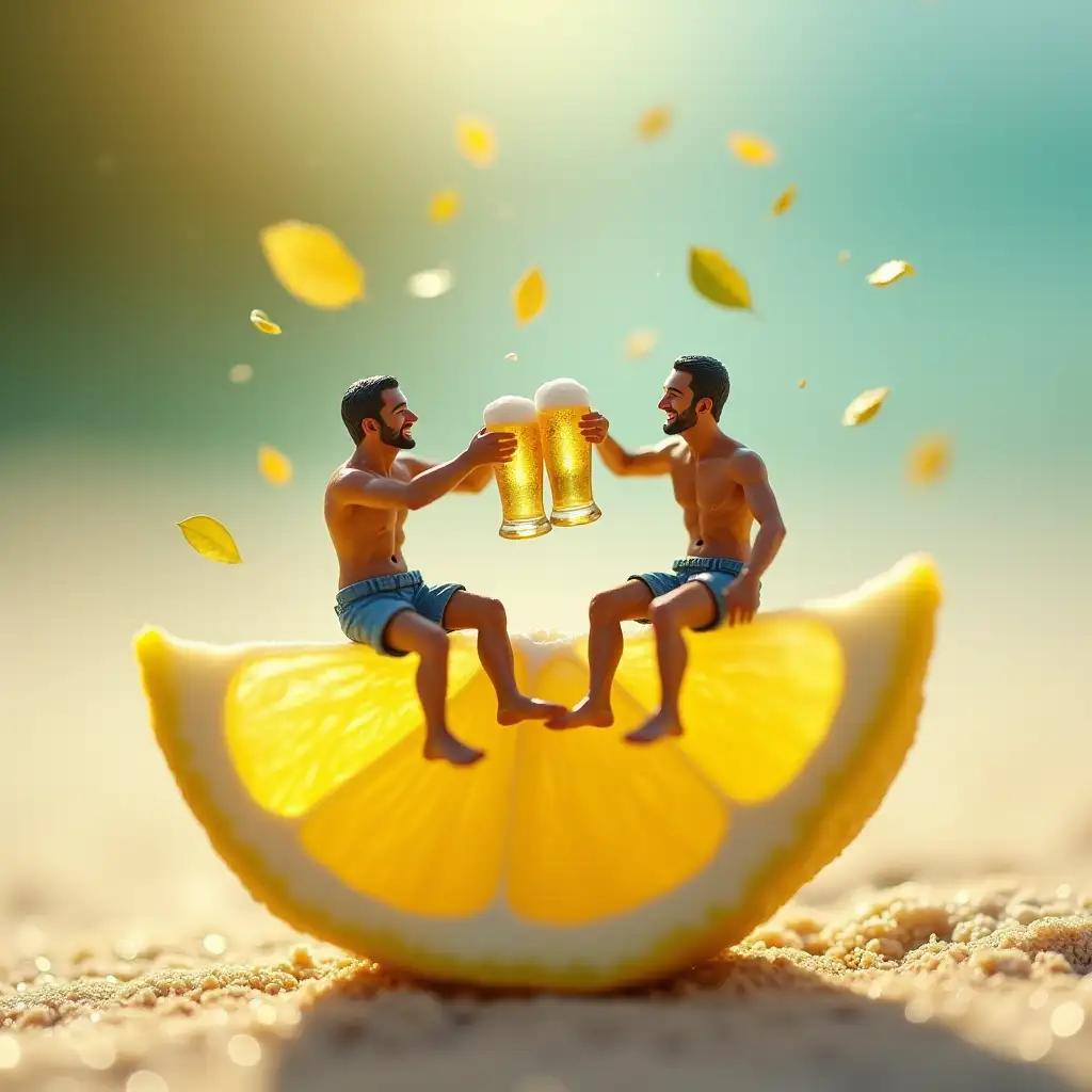 two miniature men sitting on a slice of lemon, joyfully clinking their beers, in a playful, whimsical style, capturing the essence of summer with bright colors and strong lighting, macro photography with a blurred background, focusing on the falling lemon leaves, showcasing a cheerful atmosphere, ultra-high resolution, artistic interpretation of a light-hearted beach scene.