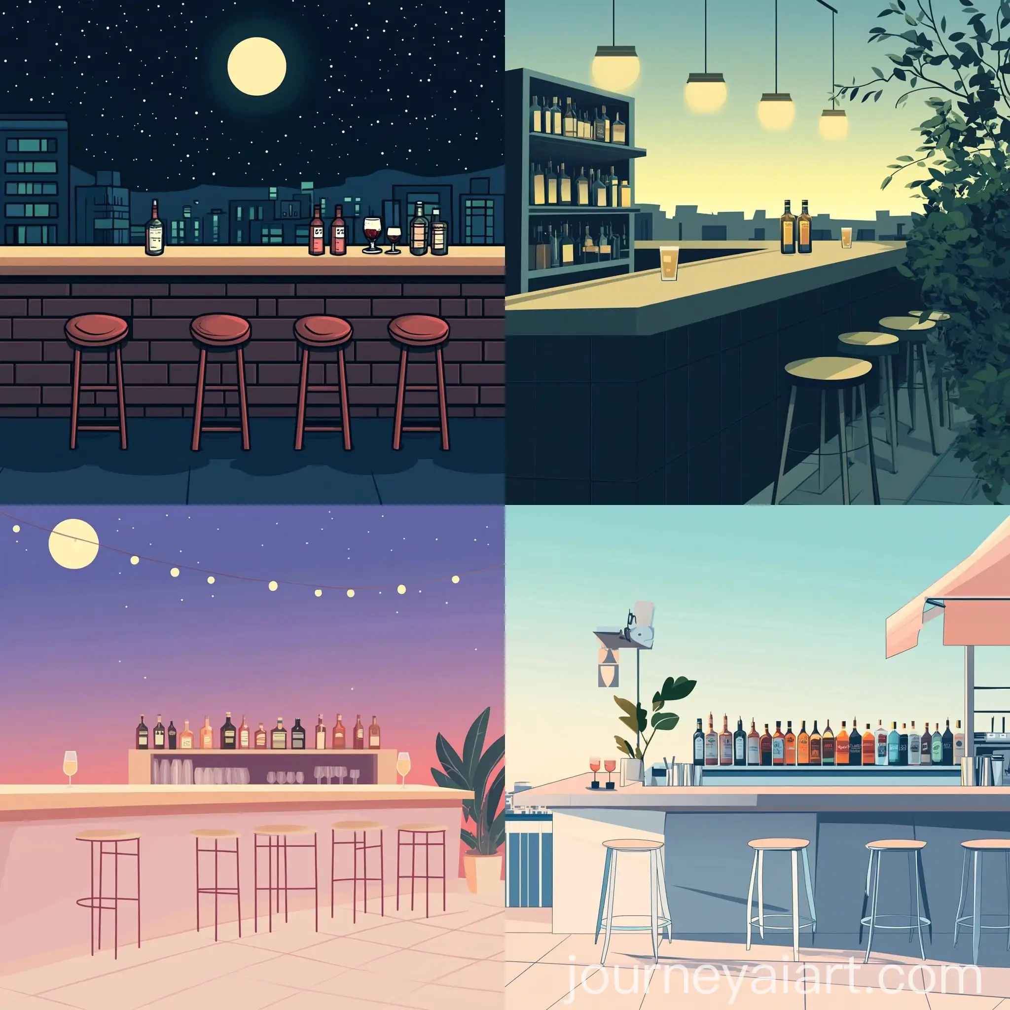 Cartoon-Rooftop-Bar-Scene-with-Minimalist-Vector-Illustration