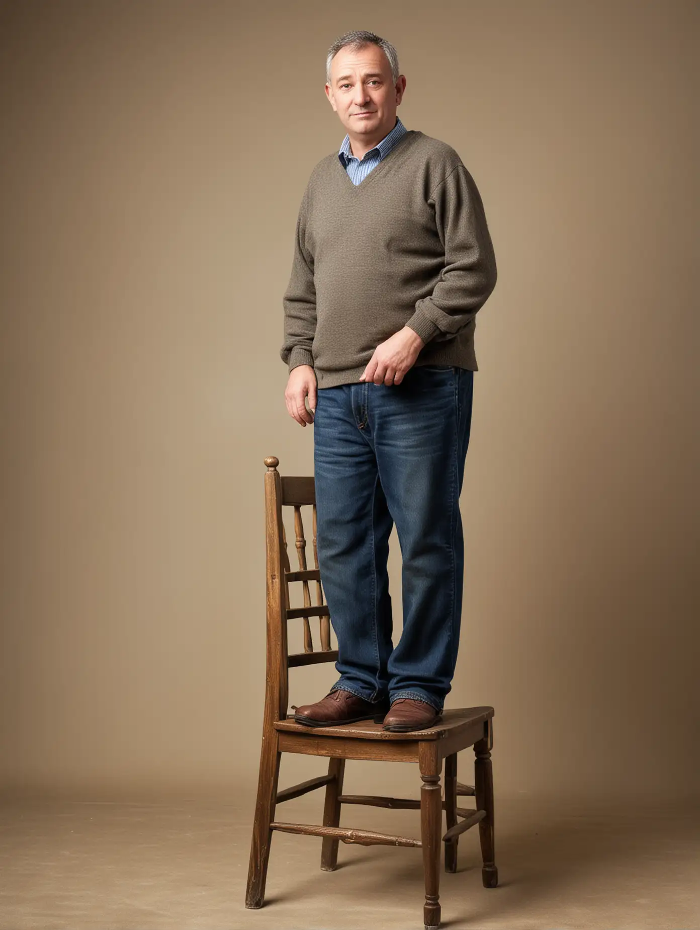 very small statured middle aged man, "very short guy stands on chair to reach"