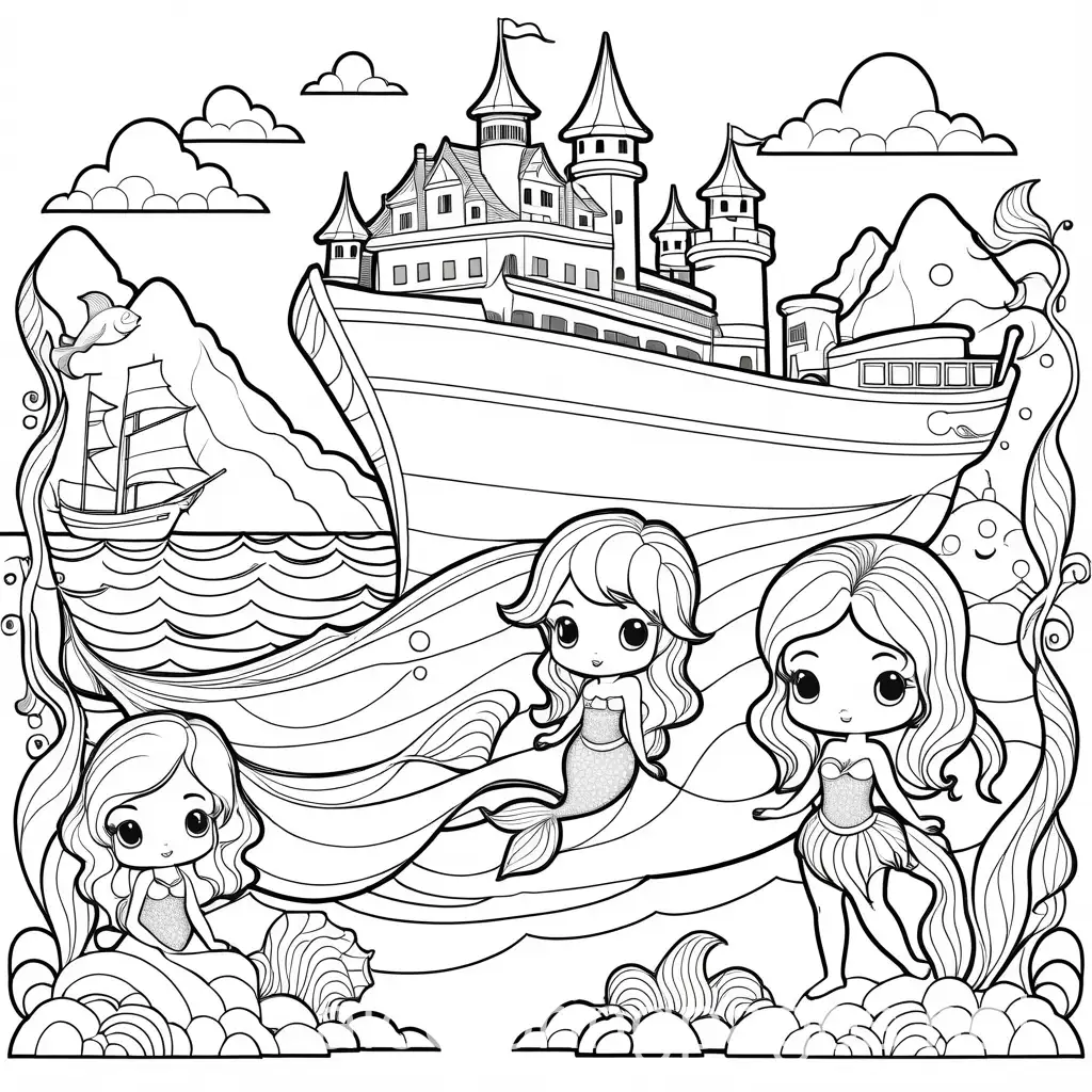 Chibi-Mermaids-Coloring-Page-with-Sea-Creatures-and-Ship