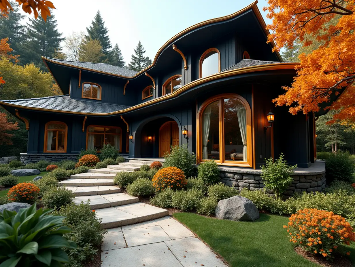 crooked house garden planting-with black with gold stucco, plant ornaments, large windows with glass closed, curved, smooth window shapes, winding large entrance steps of marble complex curved roof with dike, lanterns, bench orange tree 4K resolution colorful superwide-angle shots