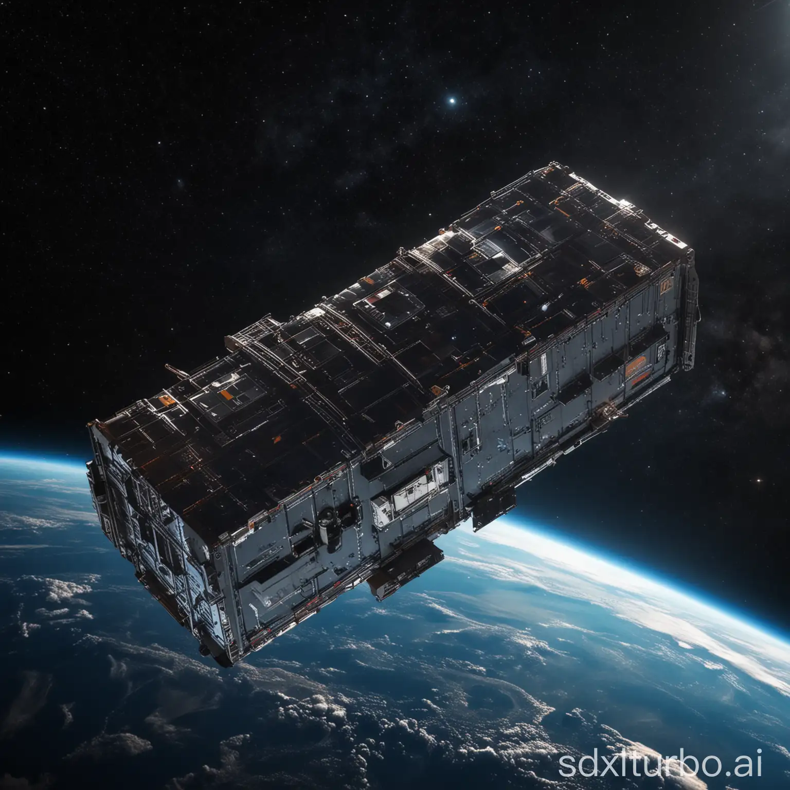 a military space container in orbit above the earth in a starry space