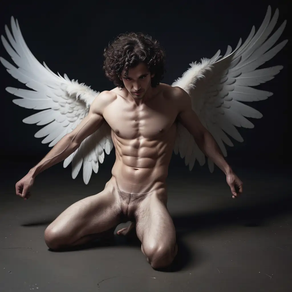 Naked-Man-Twisting-on-Ground-with-Dark-Curly-Hair-and-Wings