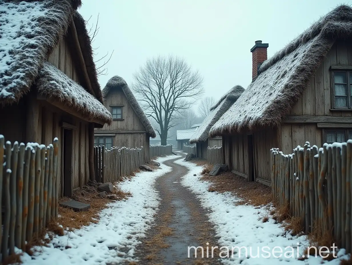 Historically Accurate Winter Scene of Dilapidated Thatched Roof Farmhouses