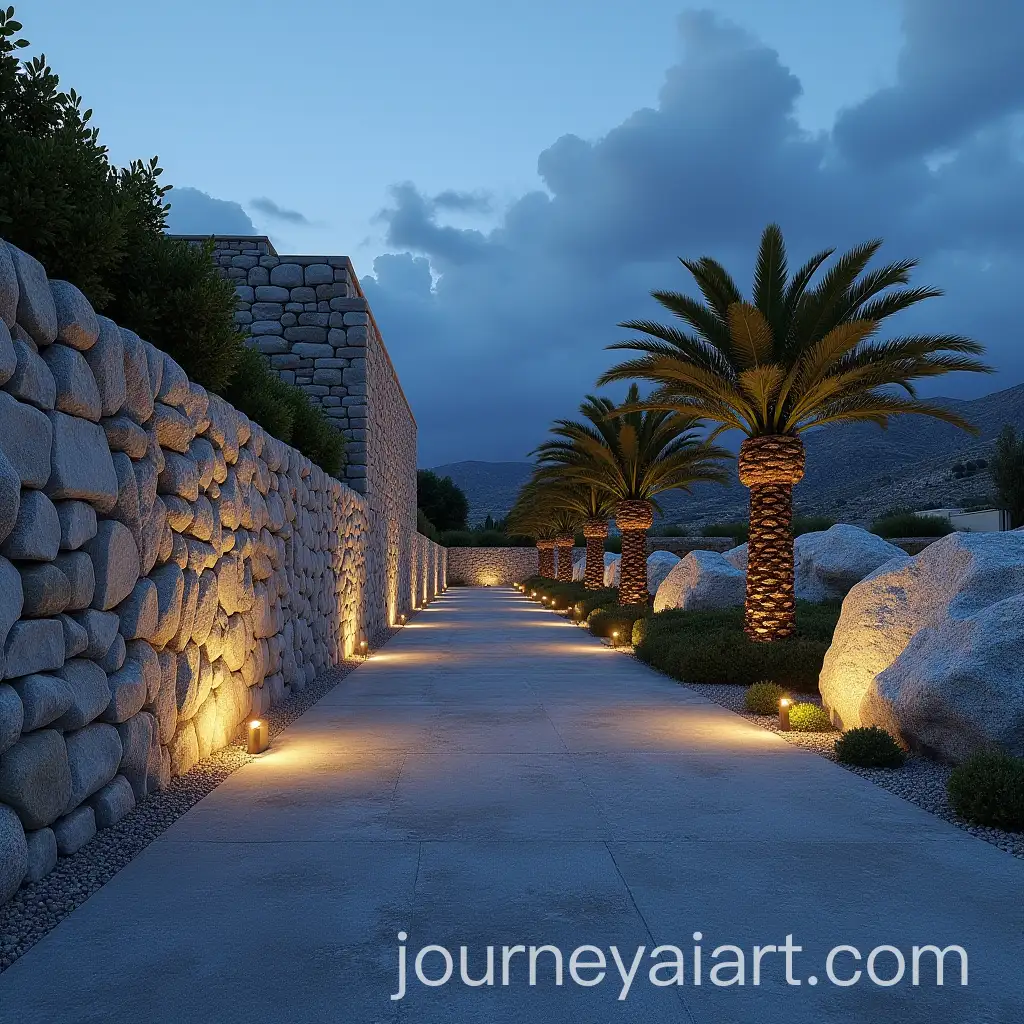 Hotel-Entrance-with-Stone-Wall-Palm-Trees-and-Aesthetic-Lighting