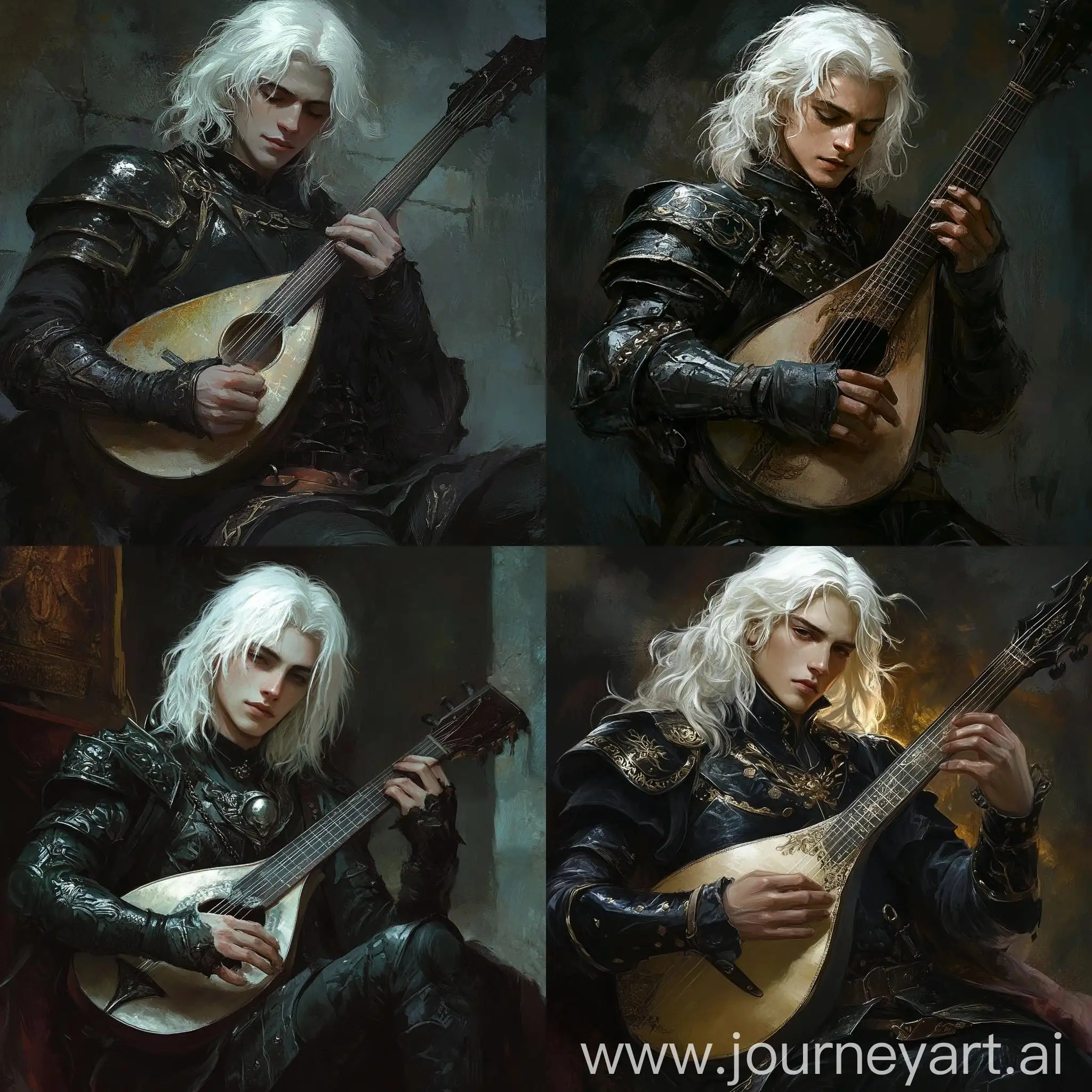 Young-Bard-in-Black-Light-Armor-Playing-Lute-Dark-Fantasy-Hero-Concept-Art