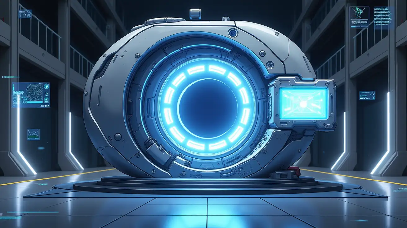 Anime drawing style, create a futuristic portal machine in an open, spacious environment. The machine features a sleek, high-tech design with smooth curves and a metallic finish. At its center, a large, glowing circular portal emits radiant light, surrounded by intricate machinery and energy conduits. On the right side of the portal, integrate a futuristic screen and keypad as one unit; the screen is positioned above with a sleek, interactive display, while the keypad is directly below, seamlessly attached. Include advanced control panels with holographic displays, buttons, and levers that appear interactive. Add floating screens showing data and maps around the machine. The open setting should be illuminated with ambient light, emphasizing the innovative and awe-inspiring technology. Anime style.