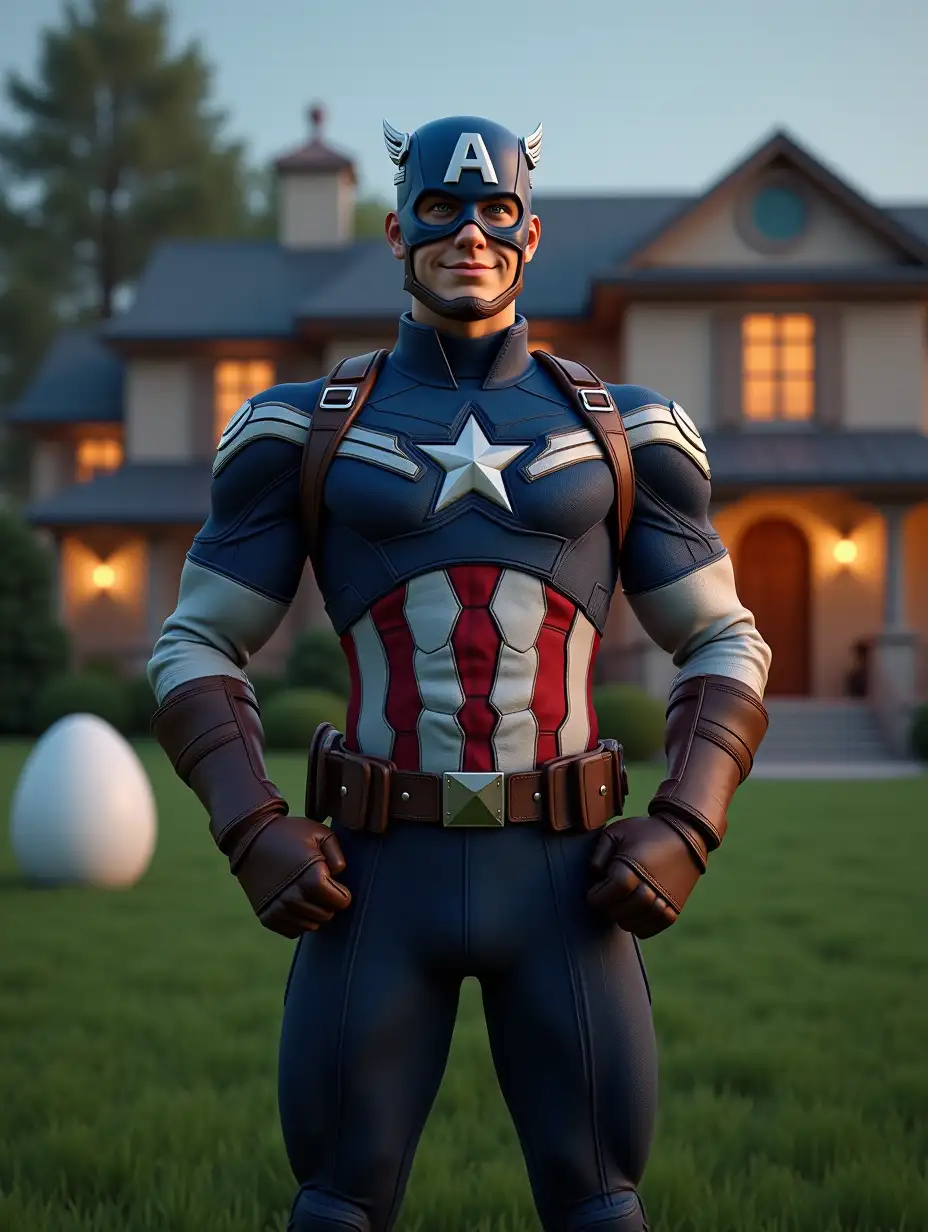 A highly detailed 3D render of Captain America standing confidently on a lush green lawn with his hands on his waist, wearing his iconic blue, red, and white costume with a large white star on his chest. His helmet, featuring an 'A' and silver wings on the sides, showcases a heroic expression with a confident smile. Behind him, a large white egg sits on the grass, reflecting soft light. A luxurious, well-lit suburban house is in the background, with glowing windows and warm evening lighting. The entire scene is highly detailed with ultra-realistic textures on Captain America’s suit, leather straps, and belt. The lighting is soft and cinematic, enhancing the realism and depth of the scene in stunning 4K resolution.