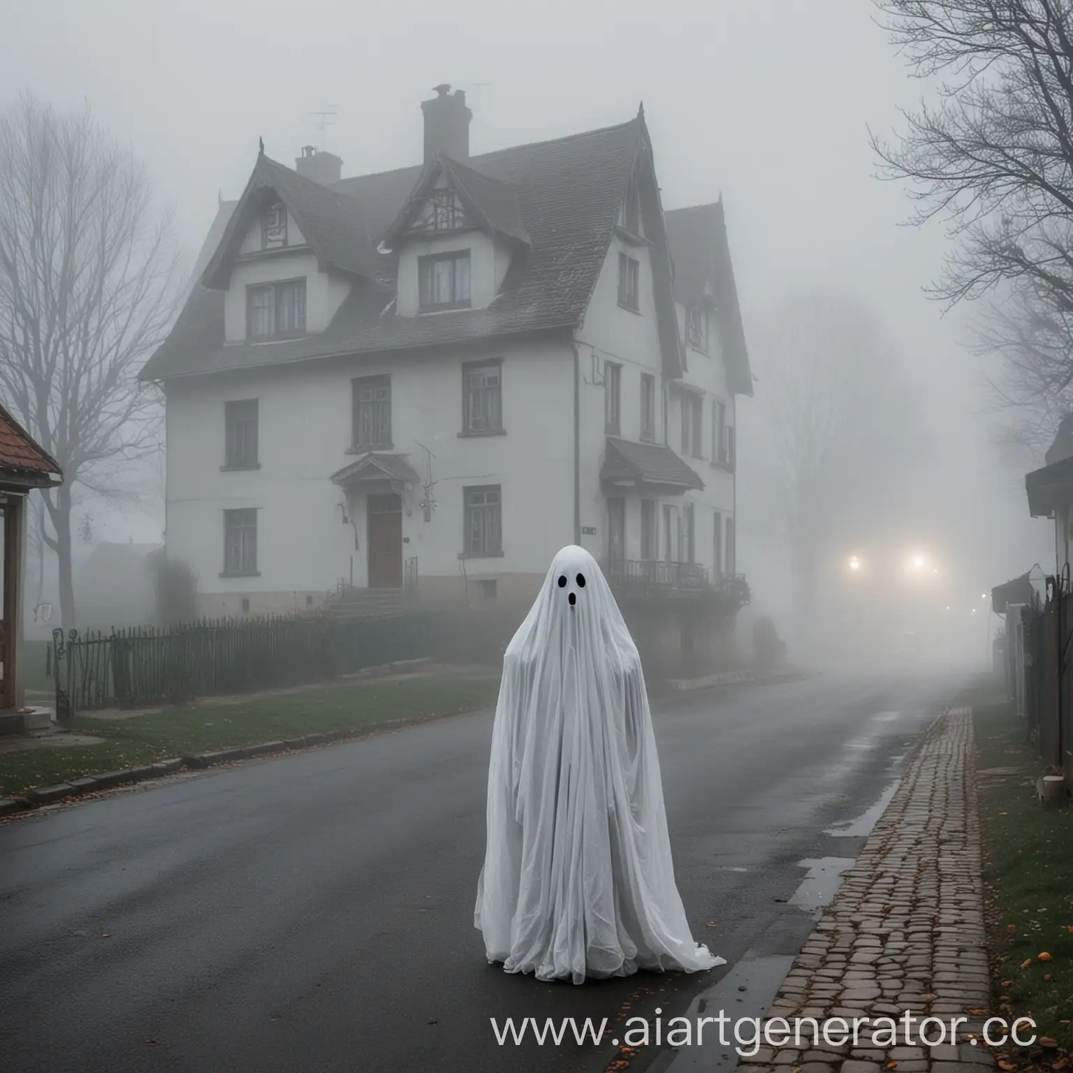 Ghostly-Presence-on-Foggy-Street-with-Houses