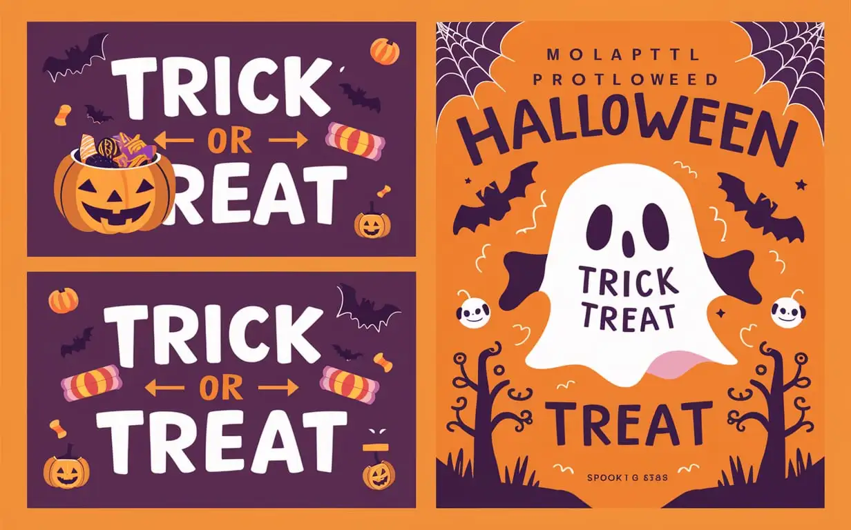 A set of vibrant Halloween posters featuring two 'Trick or Treat' designs with a jack-o'-lantern filled with candy on purple backgrounds and one 'Happy Halloween' design with a ghost on an orange background. Ensure that the posters have clean lines, bold text, and playful Halloween elements. The overall aesthetic should be playful and festive with a hint of spookiness.