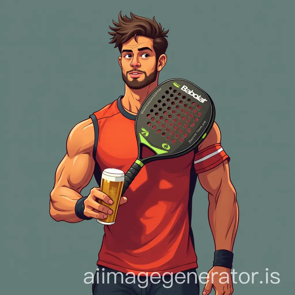 user_prompt: A small and muscular padel player with a Babolat padel racket in hand and beers and a captain's armband on his arm