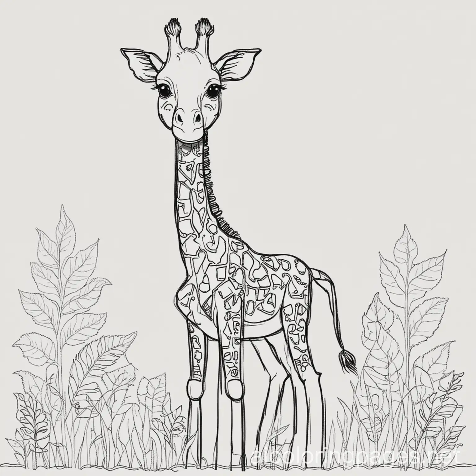 Children-Coloring-a-Black-and-White-Giraffe-Line-Art