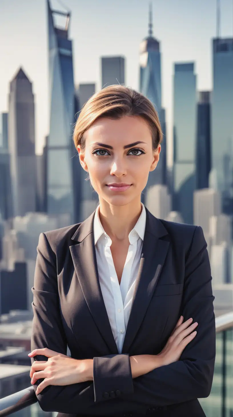 Confident Business Woman with City Skyline Background