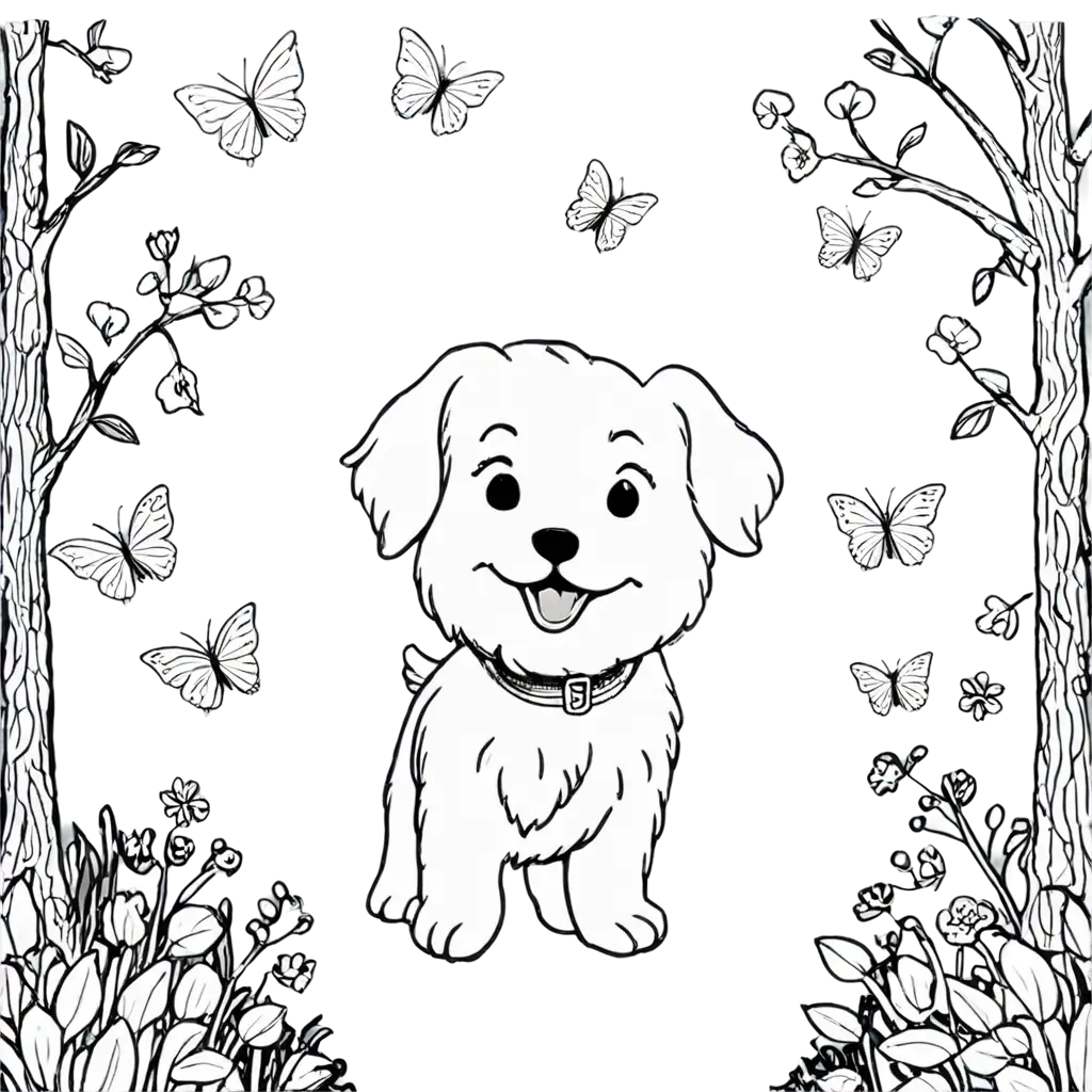 Black-and-White-Maltese-Dog-Playing-in-the-Forest-PNG-for-Coloring-Book