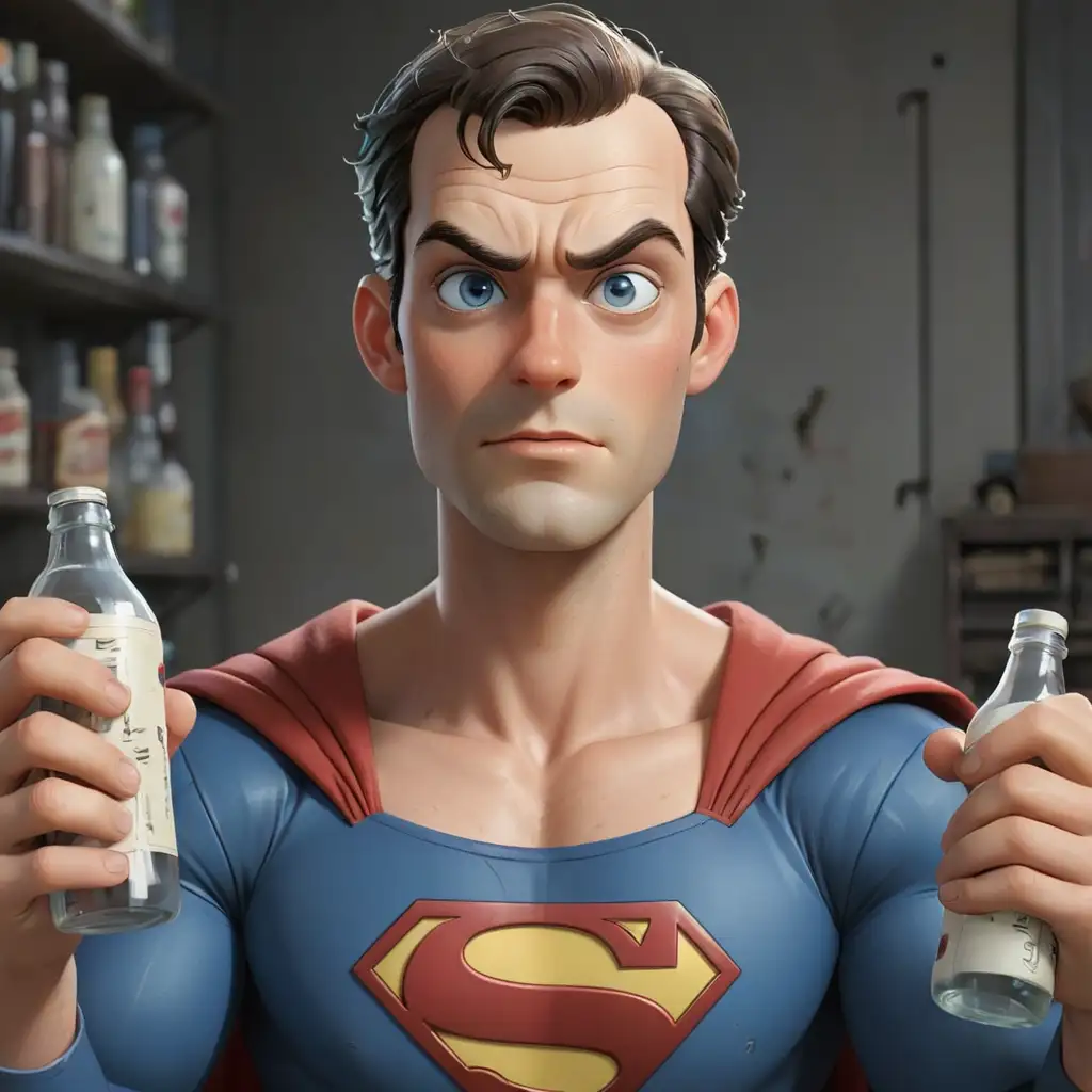 Young-Man-in-Superman-Suit-Holding-Bottles-with-Blue-Eyes-and-Stubble