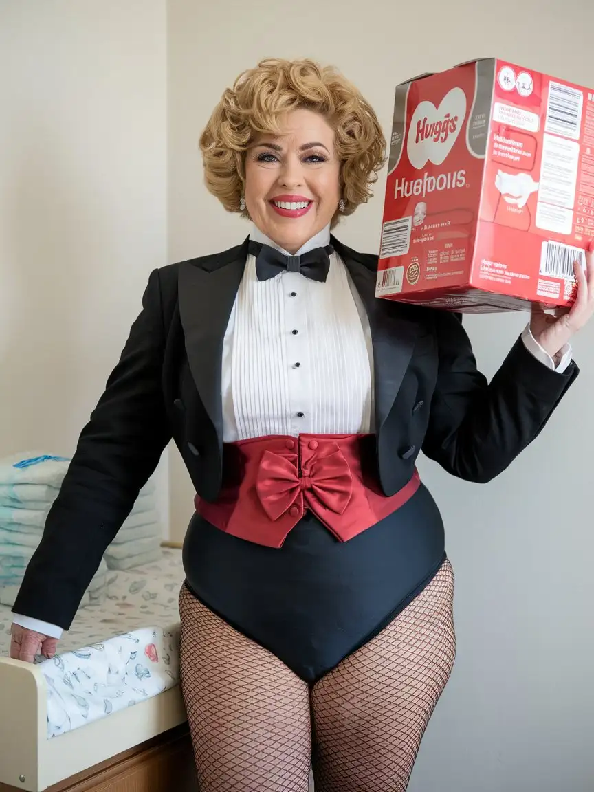 Cheerful-PlusSize-Woman-in-Formal-Attire-Holding-Diapers-in-Nursery