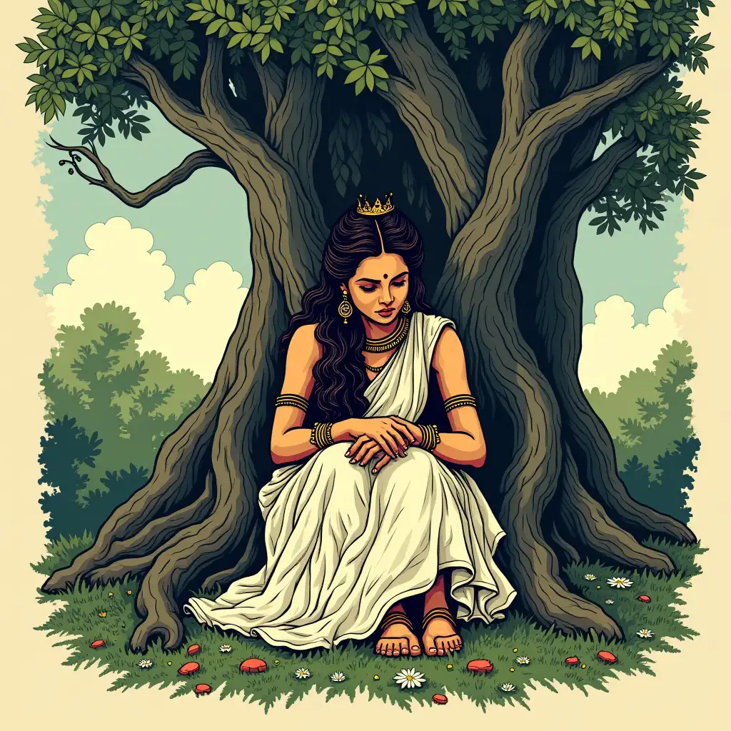 IN BLOCK PRINT STYLE,Lord Sita Devi, without a crown, vintage-style white garment, worn with age, with a sad expression, bows her head below, sitting under an ancient, gnarled tree with twisted roots, surrounded by lush greenery, amid the mystical  Lanka Kingdom.