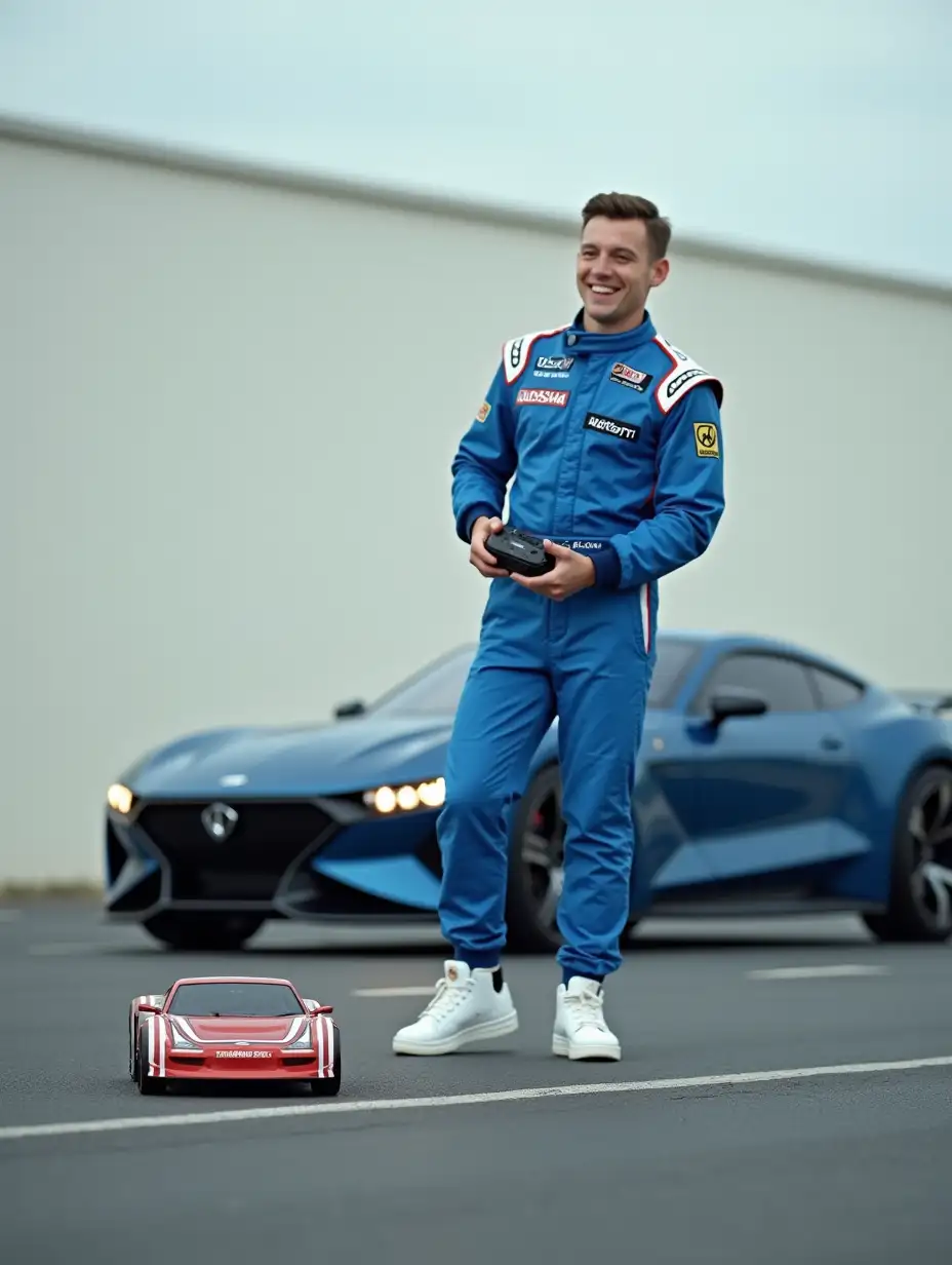 Create a high-resolution sharp focus image of a russian racer wearing blue racing suit with racing patches, white sneakers,  standing on the asphalt far away playing radio controlled car on the asphalt, he is holding transmitter in his hands, he has a happy face, in front of him in the foreground is a small 80s toy sedan car, behind him is a profile of a  futuristic concept car  with  tinted glass 4K resolution, whole image is sharp in focus, advertisment style