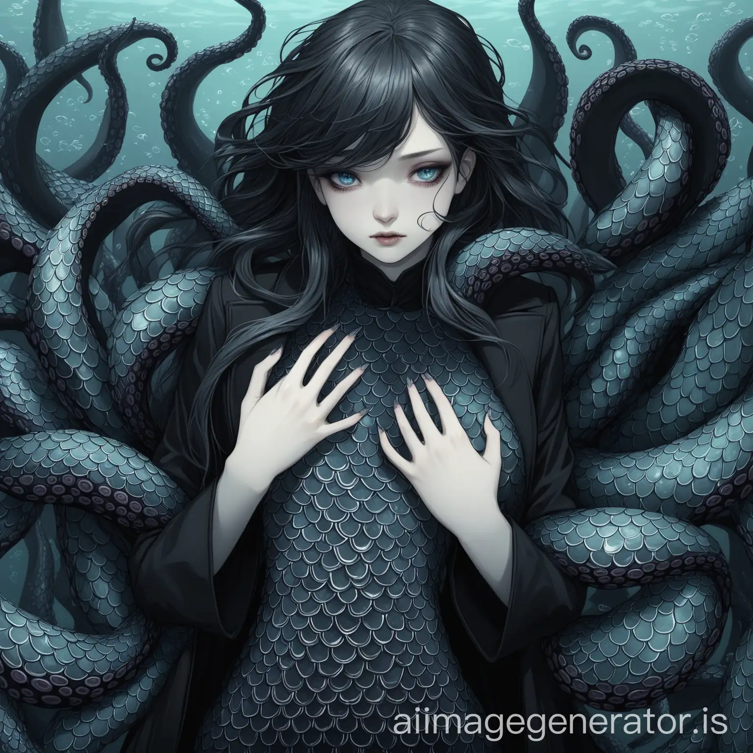 Beautiful-Girl-with-TentacleLike-Hands-and-Fish-Scales-in-a-Black-Long-Coat