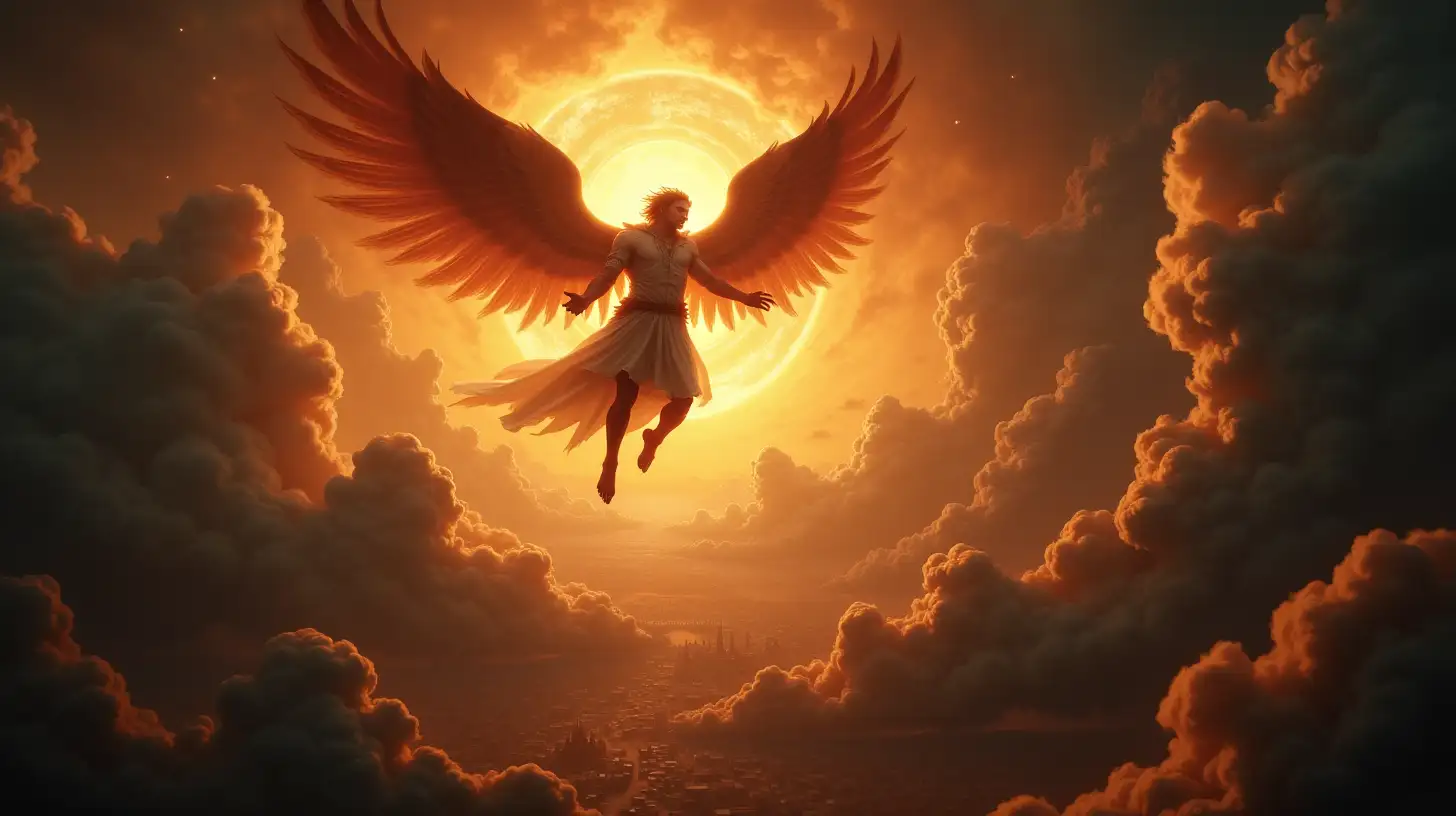 Lucifer Falling from Heaven Over Biblical City and Magnificent Sky