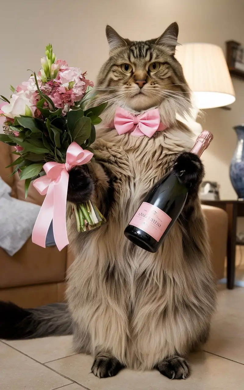 Big-Cat-Holding-Bouquet-and-Champagne-for-March-8th-Celebration