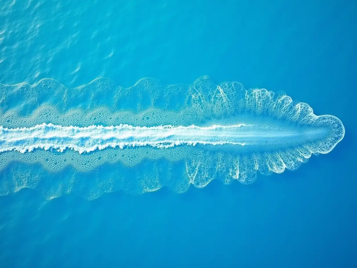 High-angle view of a boat wake.  White foamy water trails are seen across a vibrant, deep-blue ocean. The wake is a continuous, somewhat irregular, oval shape.  The water's surface shows detailed texture with the white foam and the underlying blue water. The composition is simple and clean, focusing on the patterns created by the wake against the solid background color. The lighting is consistent, uniformly illuminating the entire scene.  The overall style is realistic, technical, and scientific, suggesting a record of movement or a view from an elevated perspective.  No human subjects are present.  The perspective is directly above the wake, showing the wake's full form and detail.