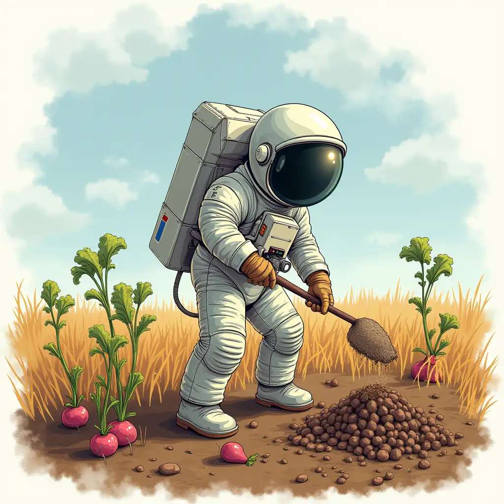 draw me a picture of an astronaut digging up turnips in a field in norfolk