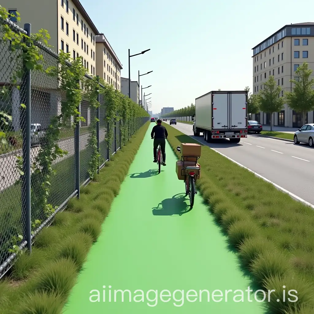 Cargo-Bikes-on-Green-Lane-Next-to-Urban-Road-with-Metal-Fence-and-Buildings