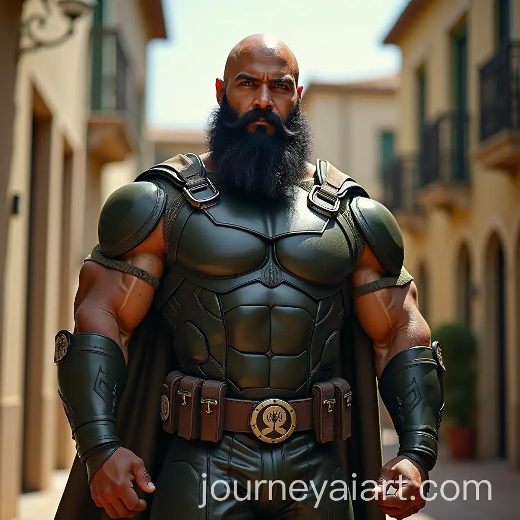 Hispanic-Superhero-in-Military-TShirt-Posing-by-Poolside-in-Futuristic-Estate