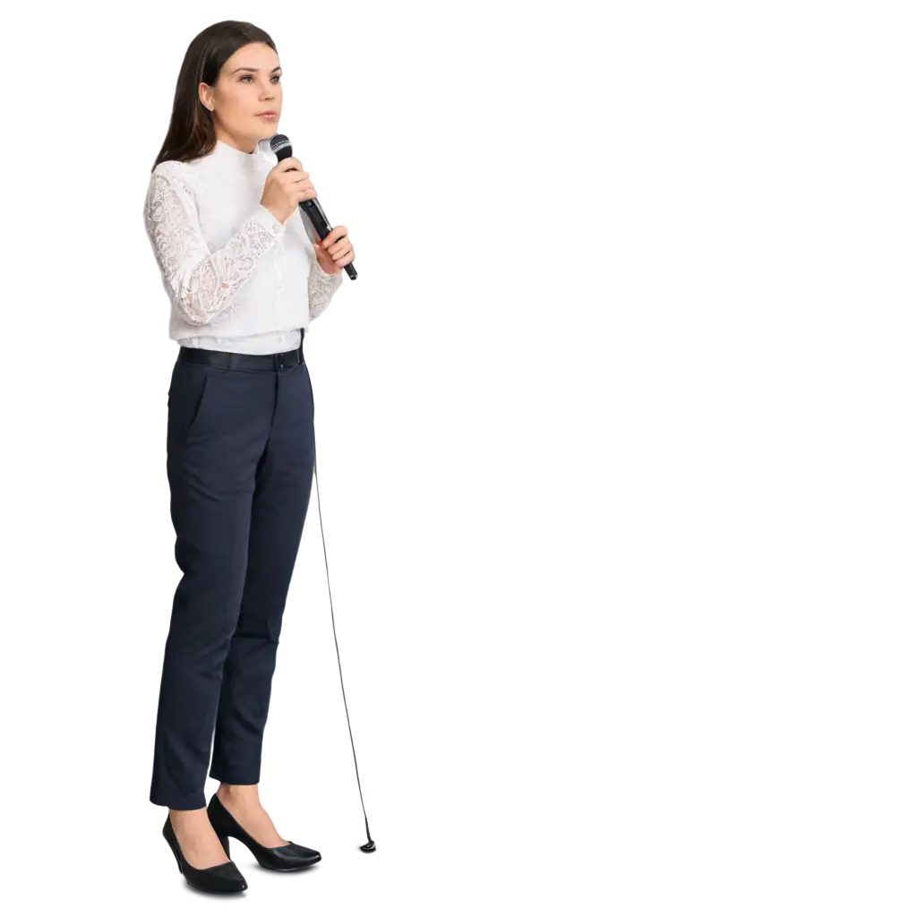 Woman-with-Long-Sleeves-and-MidLength-Trousers-Holding-a-Microphone-HighQuality-PNG-Image-for-Versatile-Use