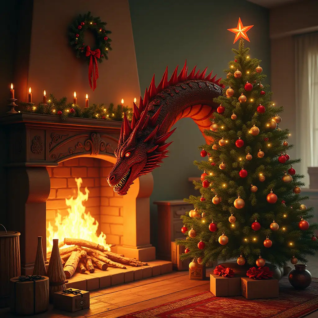 A red green dragon makes fire in an open hearth by spewing fire. A decorated Christmas tree stands in the room.in a photorealistic epic fantasy style