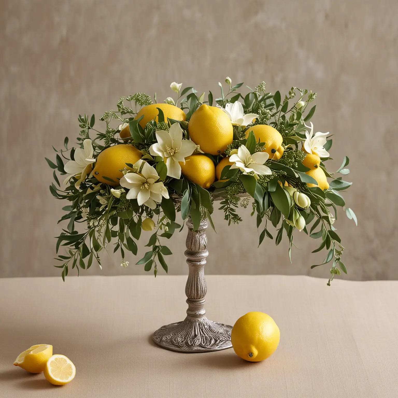 Elegant-Wedding-Centerpiece-with-Cascading-Lemon-Flower-Arrangement