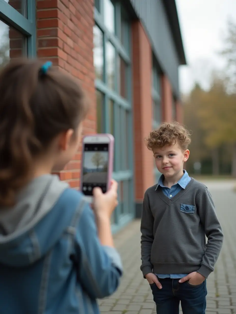 Elementary Students Outside School Building