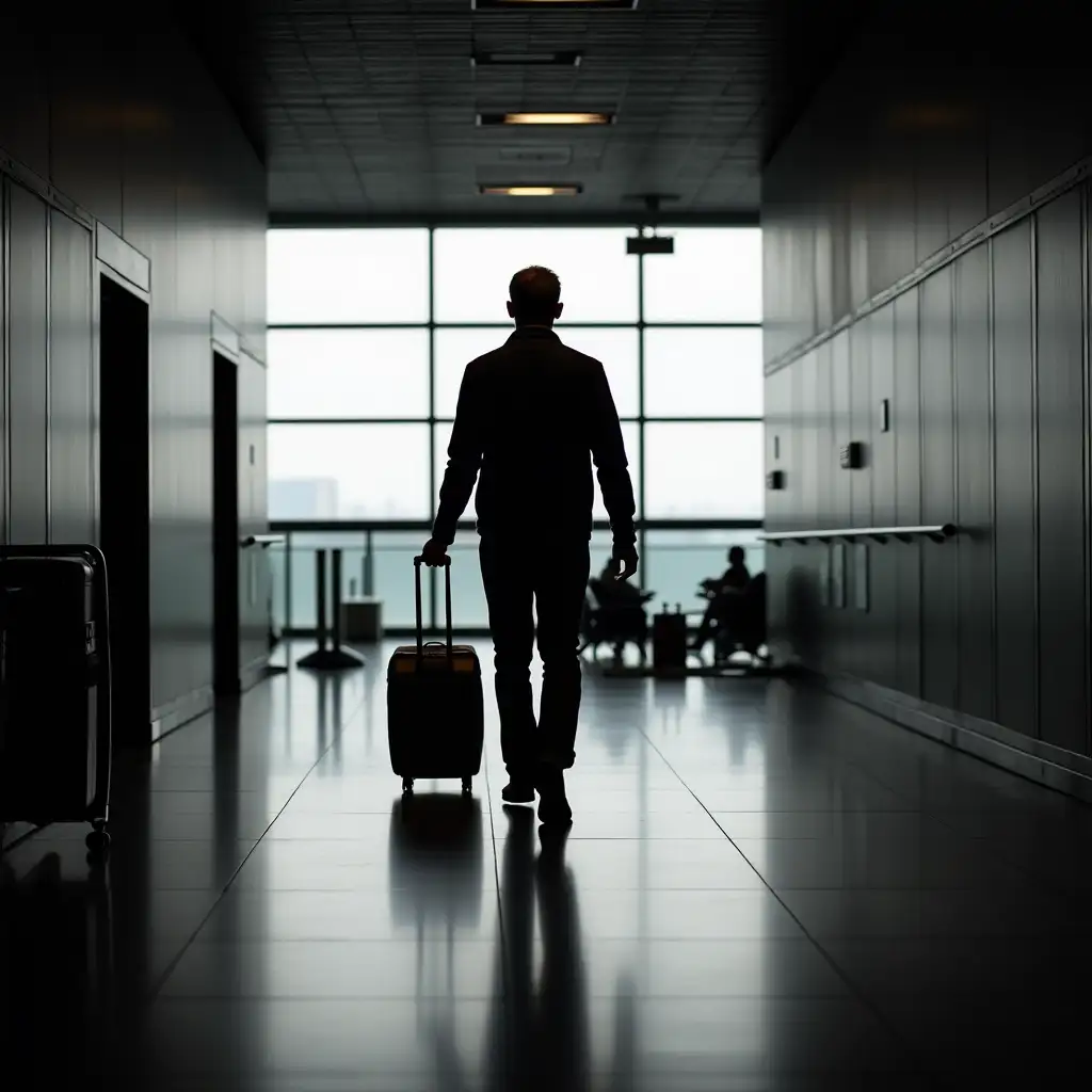 Silhouette of an adult man walking in the airport corridor