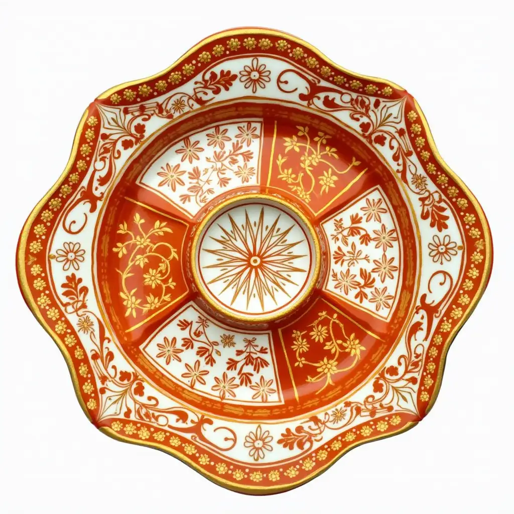 VINTAGE TT TAKITO ORANGE ASIAN ORIENTAL DIVIDED TRAY PLATE ORANGE GOLD GILT Four-piece ardour ceramic serving dishes that fit inside a round dish، with embossed beautiful ceramic handle,Underglaze painting on white body、 Fine art, Hyper detailed,Antique and old, Qajar art, Iranian Tabriz carpet design