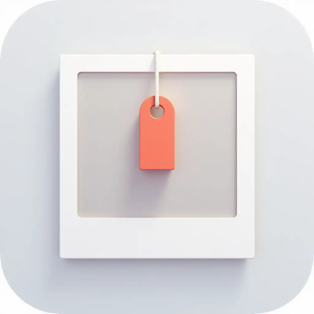 A modern app icon showing a minimalist photo frame with a prominent tag symbol emerging from it. The tag appears to be actively being attached to the photo. Clean, professional design with soft gradients. The composition suggests the action of tagging/labeling photos. Perfect square format